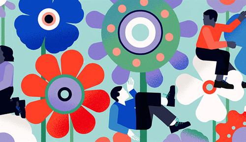 Cinco personas trabajando juntas en medio de un conjunto de engranajes estilizados, algunos en forma de pétalos de flores.
