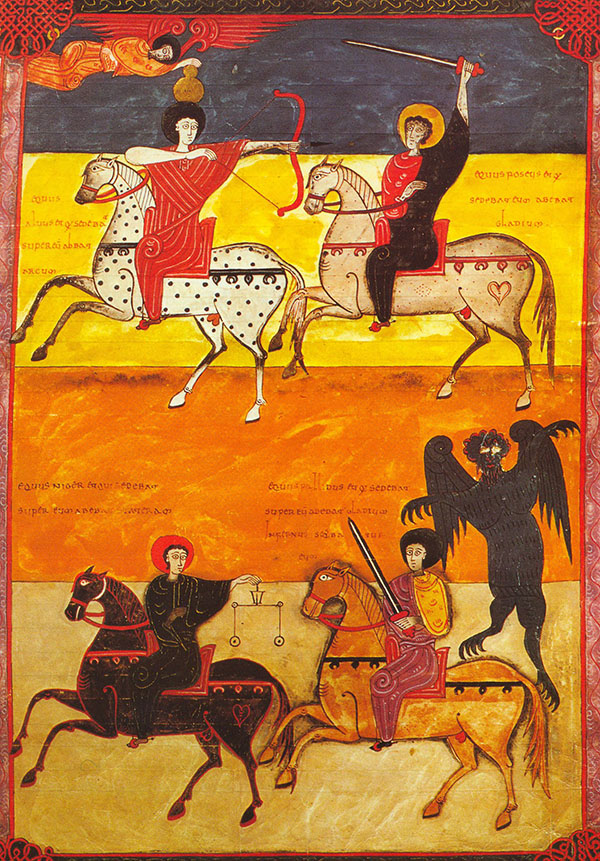 A parchment manuscript of four panels, each with a rider and a different colored horse.