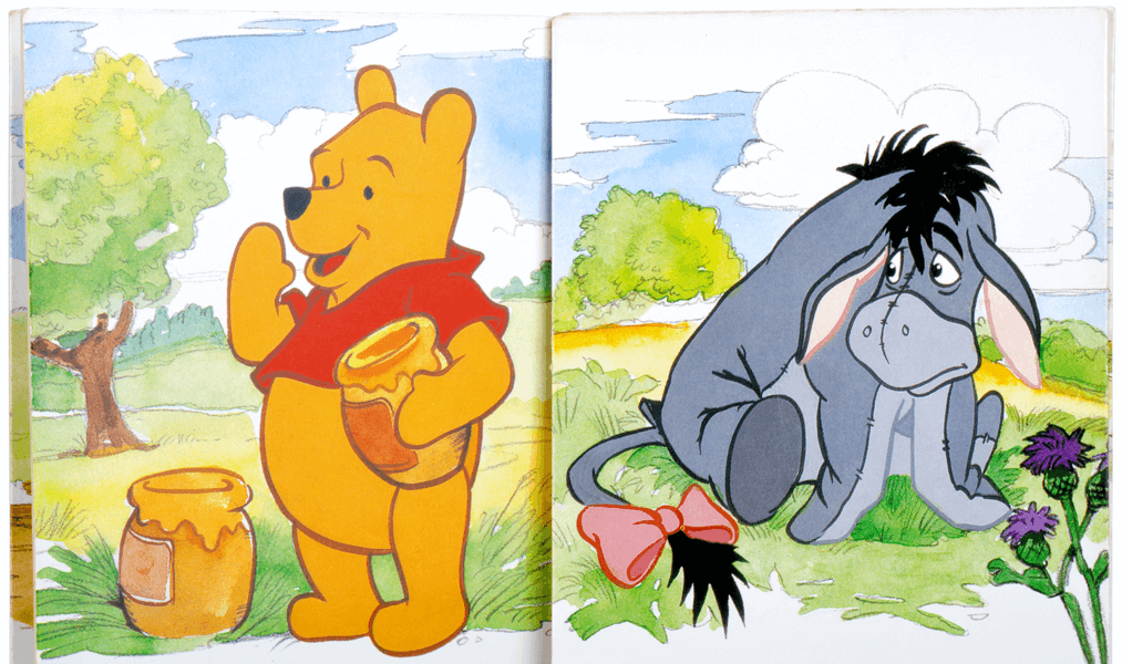 Illustrations from a picture book show Winnie the Pooh and Eeyore, characters that differ in their natural emotional set point. While Pooh is often optimistic, Eeyore tends to pessimism. Such an affect can influence health, some studies say.