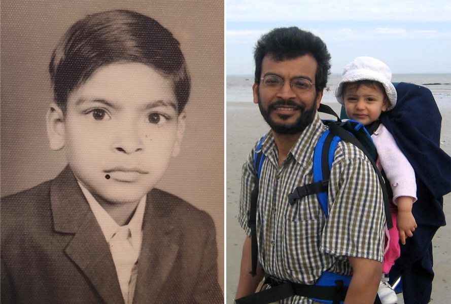 Two photographs. On the left is a young boy. On the right is a young bearded man at the beach carrying a child on his back.