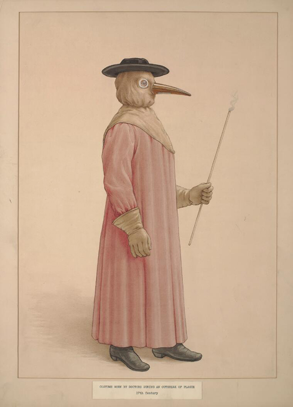 A painting of a person in a pink gown and white gloves wearing a plague doctor hood and carrying a staff.