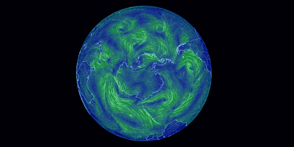 An image of the globe oriented to show Antarctica and the Southern Ocean, with moving green lines showing the movement of wind at Earth’s surface.
