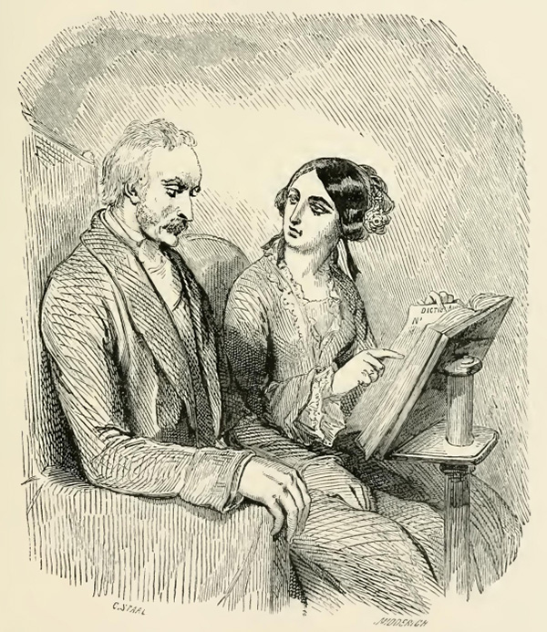 Antique illustration of an elderly man sitting in a chair. A young woman sits by him, holding a large book and gesturing at one of its pages while watching the face of the old man.