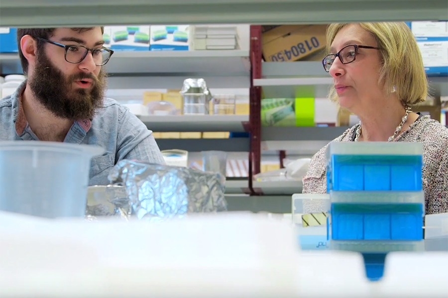 Photograph of a man with a beard and glasses (left) and a woman with blond hair (right). Lab equipment is on view in front of them and on shelves behind them.