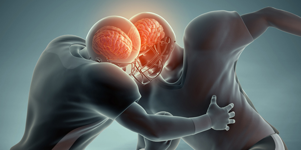 Illustration of two American football players colliding, with their brains visible through the helmets.