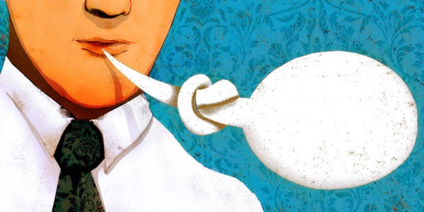 Illustration of a knotted speech bubble coming from a man’s mouth.
