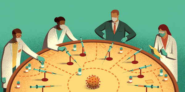 A conceptual illustration shows four individuals, three in white coats and all wearing masks, working at a circular table. A set of syringes points to the middle of the table. In the center is a large