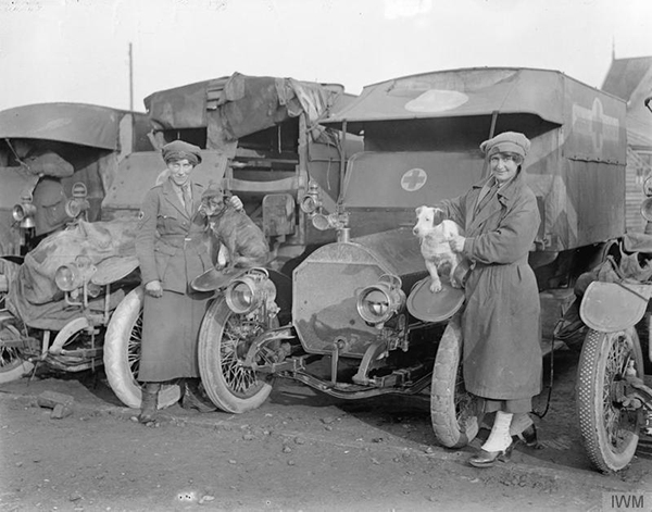 A black-and-white photo of two women in uniform standing in front of parked ambulances, each holding a small dog perched on the wheel wells.