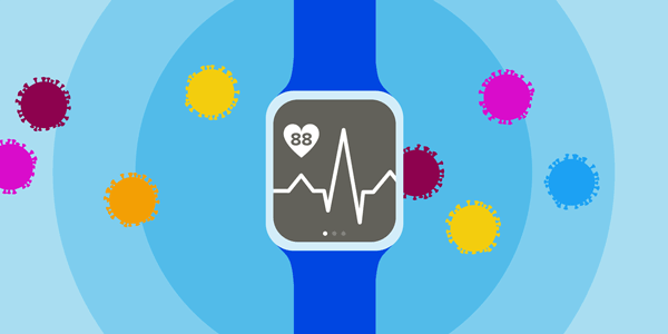 Animated illustration shows a wristwatch-style fitness tracker that monitors heart rate amid coronavirus particles.