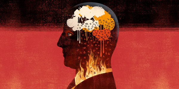 Conceptual illustration showing a man’s head and a brain that appears to be having problems, as well as flames (to indicate inflammation).