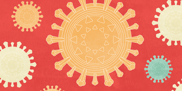 Image of several coronaviruses floating on a red background