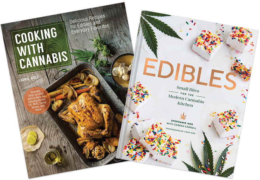 Photo of two cookbooks titled “Cooking with Cannabis” and “Edibles: Small Bites for the Modern Cannabis Kitchen.”