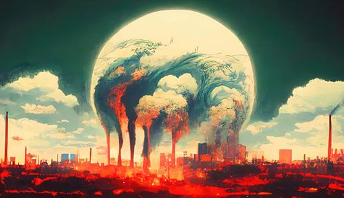 Illustration shows a skyline filled with red-hued structures and smokestacks, spewing pollution into the sky, toward a depiction of the Earth among the clouds.