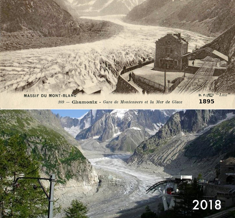 Photo shows the glacier at a high level in 1895 and at a minimal level in 2018.