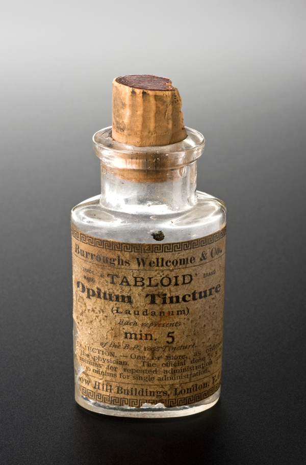 Vintage bottle, with label, for opium tincture, also known as laudanum
