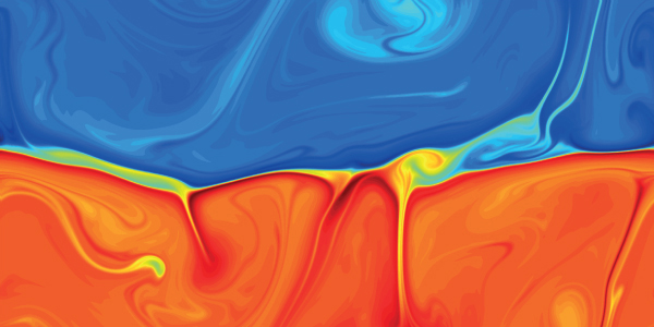 A layer of blue swirls atop one of red, representing two separate regions within Lake Kivu.