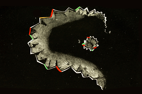 A drawing of a migraine aurua: On a black background, a white jagged “C” encircles a small, star-shaped white burst, red orange, white and green lines edge the lines