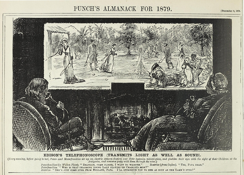 A cartoon of an old man and woman talking into funnels linked to tubes. On a screen in front of them, a young woman is seen talking into a similar funnel; she is standing outdoors. In the background are people playing a lawn game, a family dog and two children with their nurse.