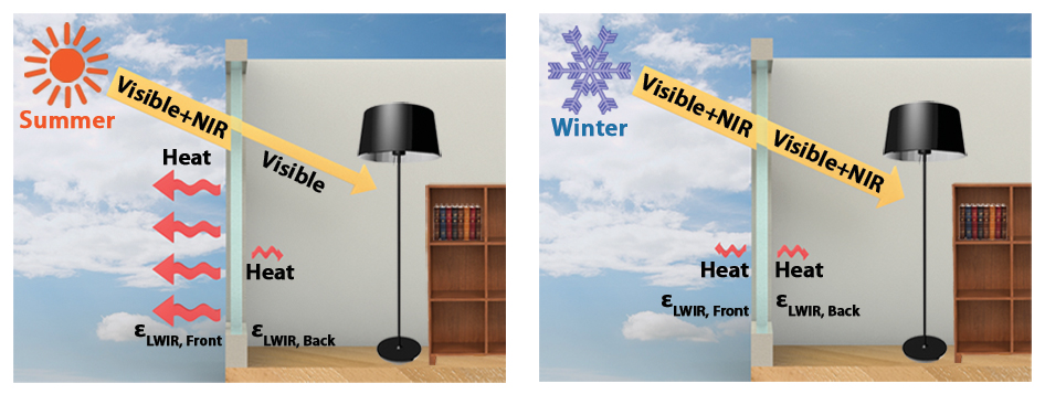 Graphic shows a cross section of a room in winter and summer, the light let in by the smart window differs for each season.