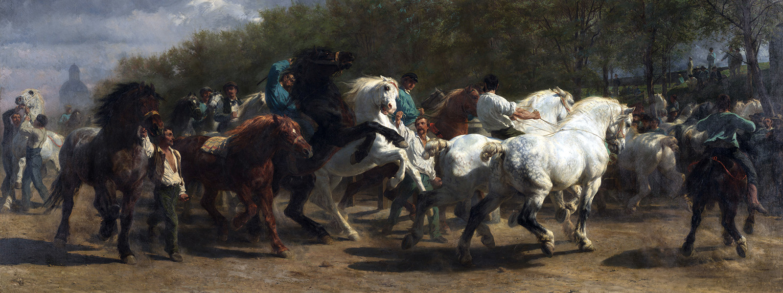 A painting of several horses being wrangled by men along a path through some trees.
