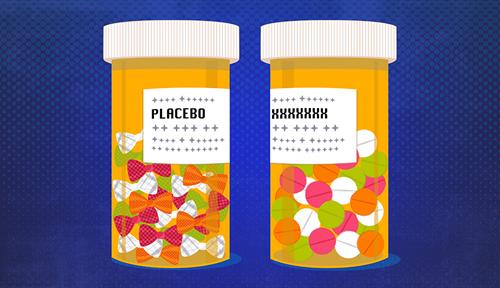 Illustration shows two pill bottles, one labeled “placebo.” Both bottles are filled with different-colored pills; the ones in the “placebo” bottle are shaped like little bowties.
