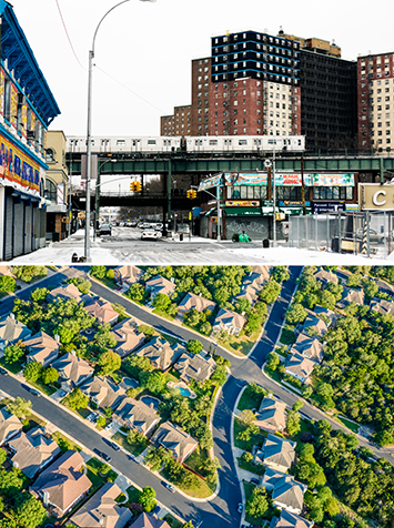 Two photos. Upper panel shows a noisy urban scene, with apartment blocks above an elevated subway track and large road. Lower panel shows an aerial photo of a quiet, green suburb.
