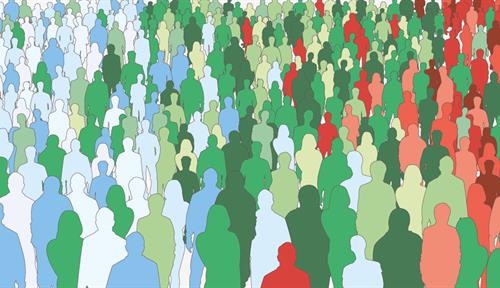 An illustration shows a crowd of people with different colors, representing a contagious illness, passing from left to right. 