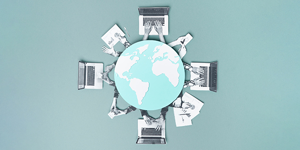 Collage shows people's hands using devices such as a phone or laptop in a virtual meeting, with an illustration of the planet superimposed on top. 