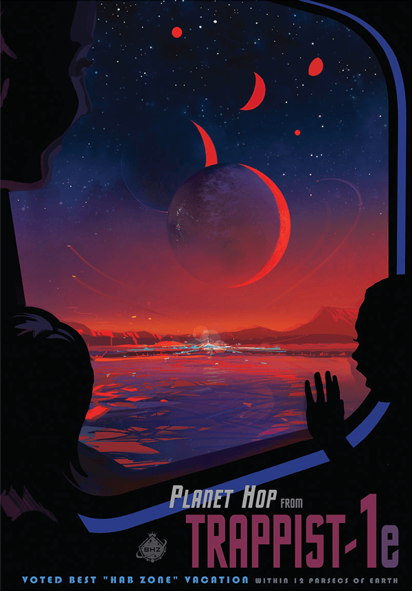 A colorful painting in the style of 1930s tourism travel posters depicts a view of the TRAPPIST-1 system from a spaceship window. Silhouettes show tourists peering out onto the red and purple mountainous landscape while other planets loom above, each with a light and a dark side.