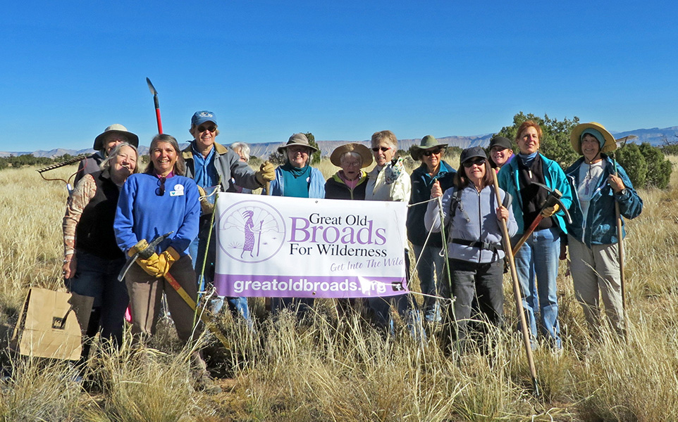 Photo of 13 elderly women holding pick-axes, rakes and other equipment; the women are in tall grass and smiling for the camera holding a sign that says “Great Old Broads for Wilderness.”