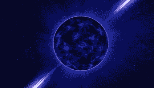Animation shows a spinning blue and black orb against a dark sky. Beams of light shoot out from its poles.