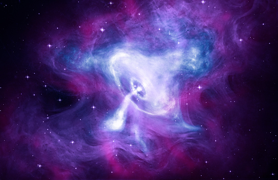 A composite, falsely colored image shows a small white sphere shooting a filament of white from its center. Surrounded by concentric rings of white gases, blue and purple clouds emanate and twist into the dark sky around it.