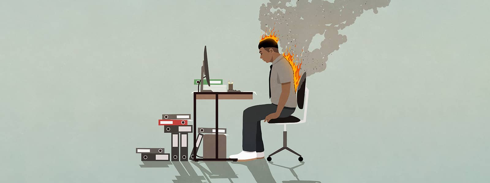 Conceptual illustration shows a man sitting at his office desk leaning forward. Files are heaped on the floor; a keyboard and monitor are on the desk. The man’s back is on fire and smoke is billowing.
