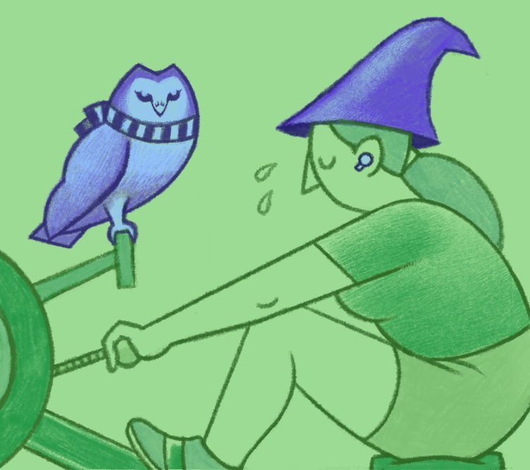 Conceptual drawing of a woman on a rowing machine wearing a wizard hat; an owl is perched on the machine