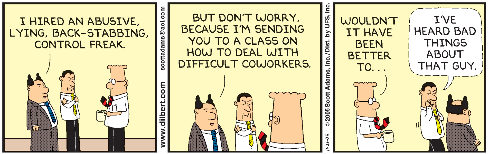 A Dilbert cartoon pokes fun at management for offering employees training on how to deal with toxic coworkers instead of not hiring toxic coworkers to begin with!