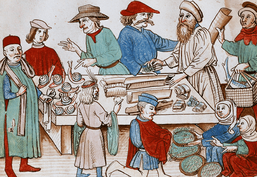 The gig economy is nothing new. Painting of a market scene, 1438. National Library, Prague, Czech Republic