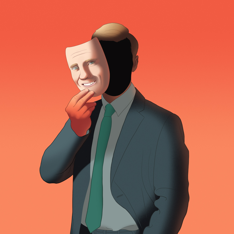 Illustration shows a businessman in a suit taking off a friendly mask, revealing darkness within.