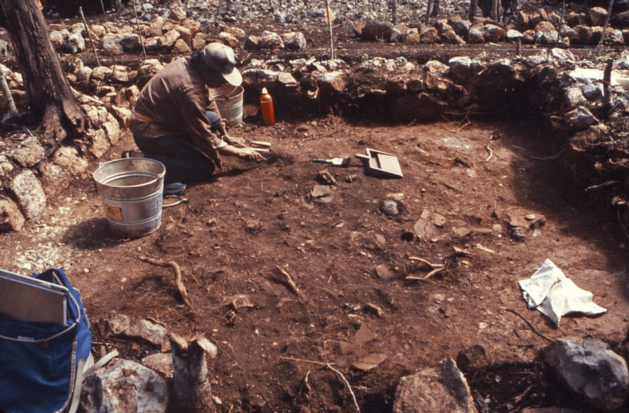 Photograph of a man crouched down brushing dirt. He is surrounded by the ruins of stone walls. Buckets and other archaeology excavation tools are nearby.