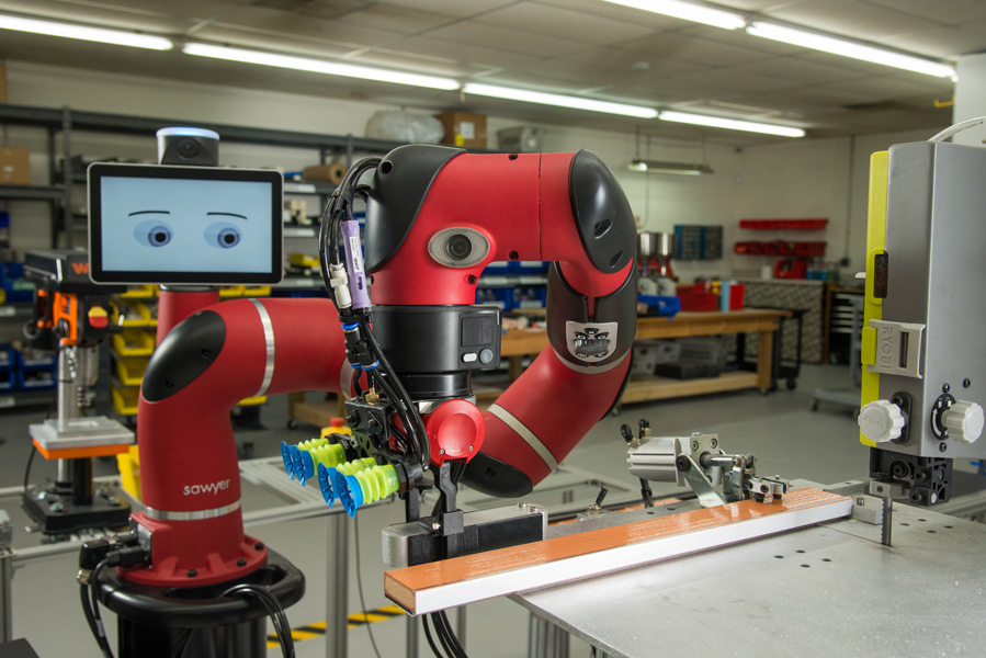 Photo of the collaborative robot Sawyer, who can work alongside humans in factories.