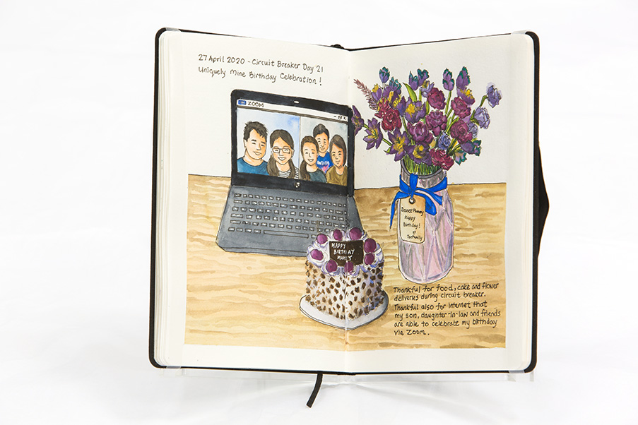 Two pages of a sketchbook show a cake, a bunch of flowers and a laptop on which a Zoom meeting is taking place. There is some writing on the pages as well.