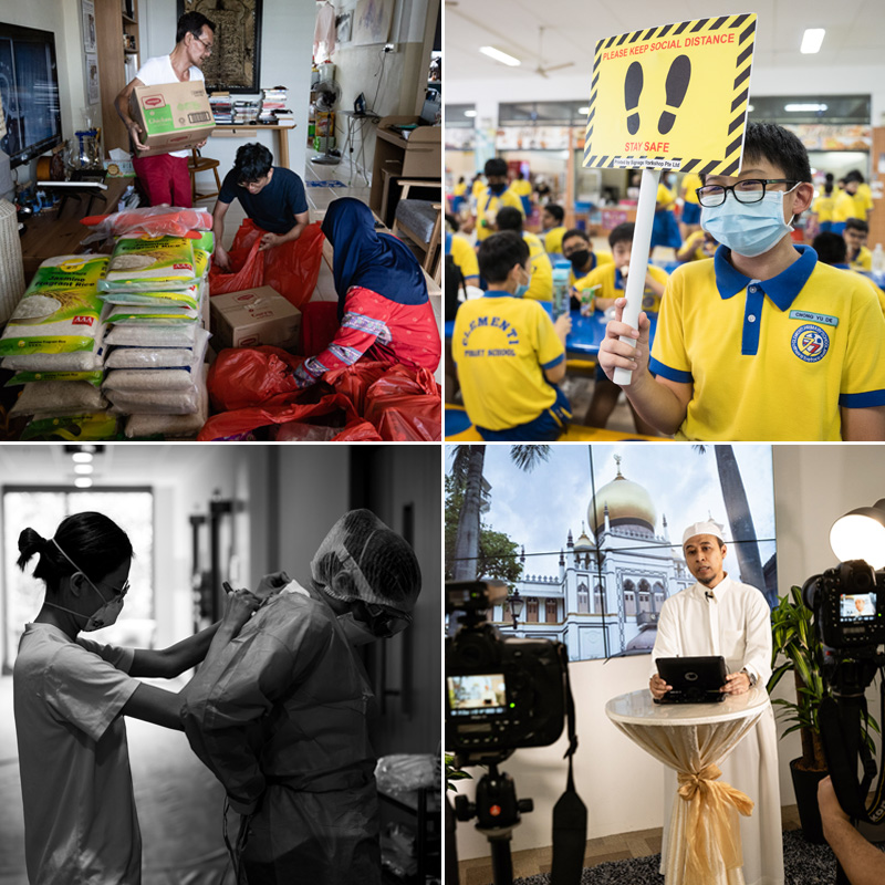 Four photographs arranged in a square showing people in Singapore responding to the pandemic.