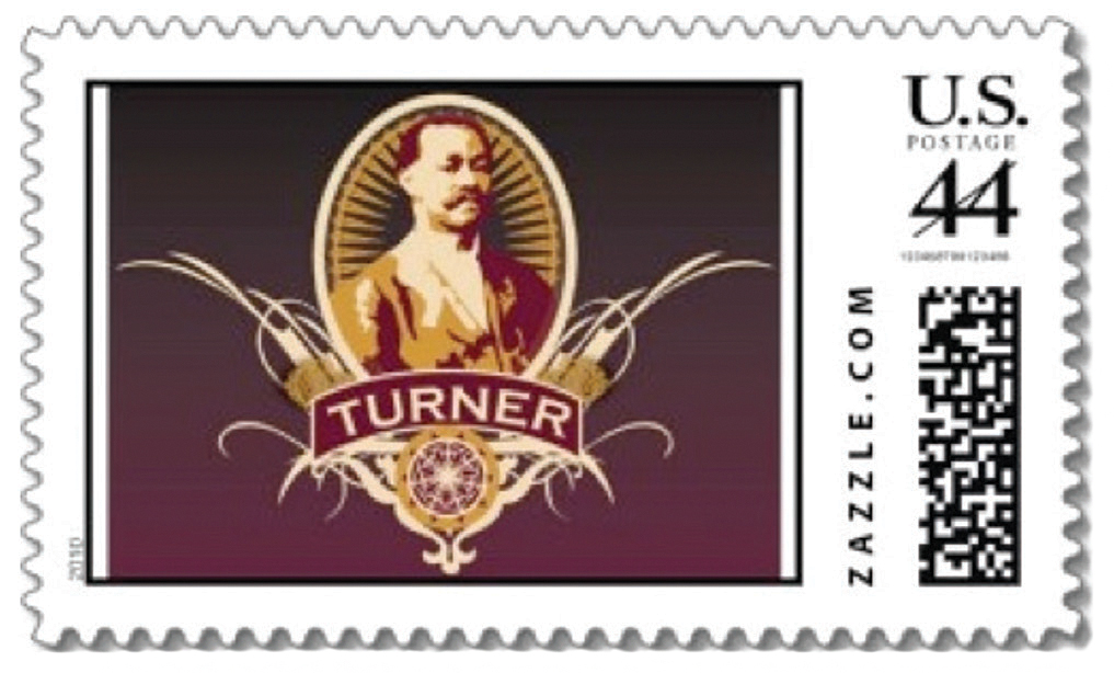 A commemorative stamp design made with an online tool provided by the stamp-making company Zazzle. The stamp contains a portrait of Turner surrounded by a decorative frame.