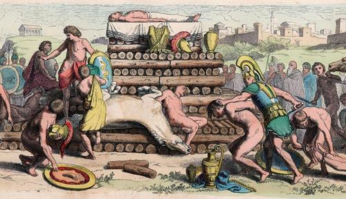 Colored engraving depicting cremation of a man in Ancient Greece, accompanied by animal and human sacrifices. By Heinrich Leutemann (1824-1905).