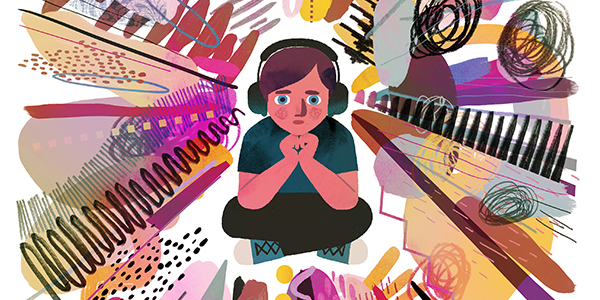 Conceptual illustration of a child sitting cross-legged, surrounded by a set of shapes and squiggles meant to signify all the stimuli they encounter in their young lives.