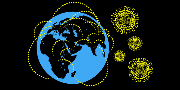 Illustration shows a networked globe with coronavirus particles.