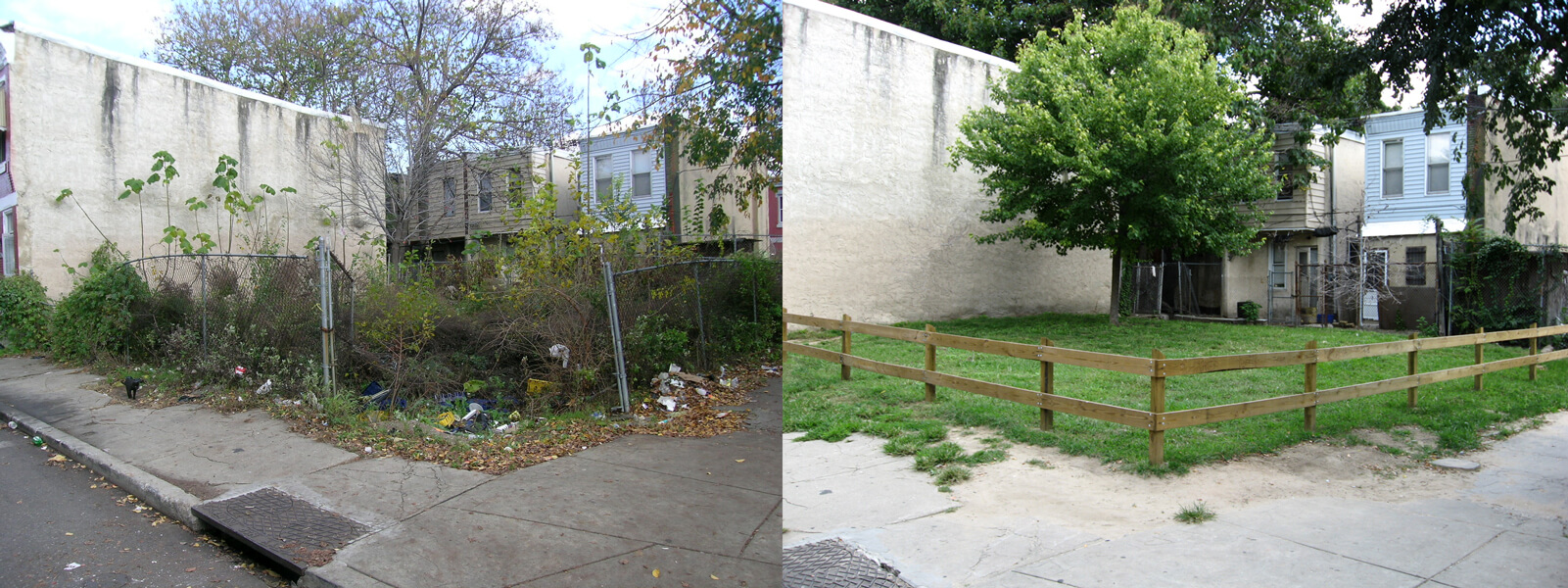 Photograph of a messy vacant lot and another photograph that shows how it looked after it was cleared of trash, fenced and planted with grass. Tidying up urban blight like this may help to reduce crime rates.