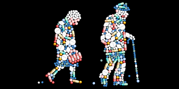 Conceptual illustration showing the silhouettes of an old man and woman comprised of pills of various shapes and colors.