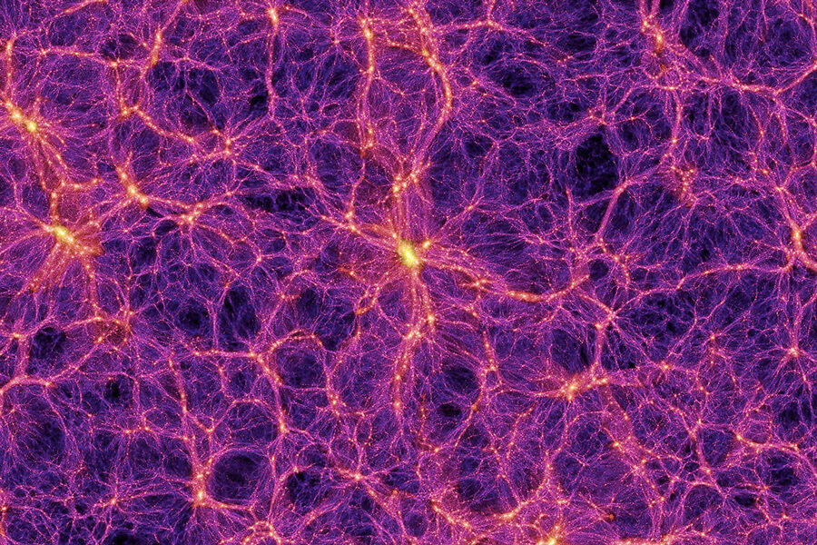 Computer graphic shows a web like structure with several nodes of galactic clusters.