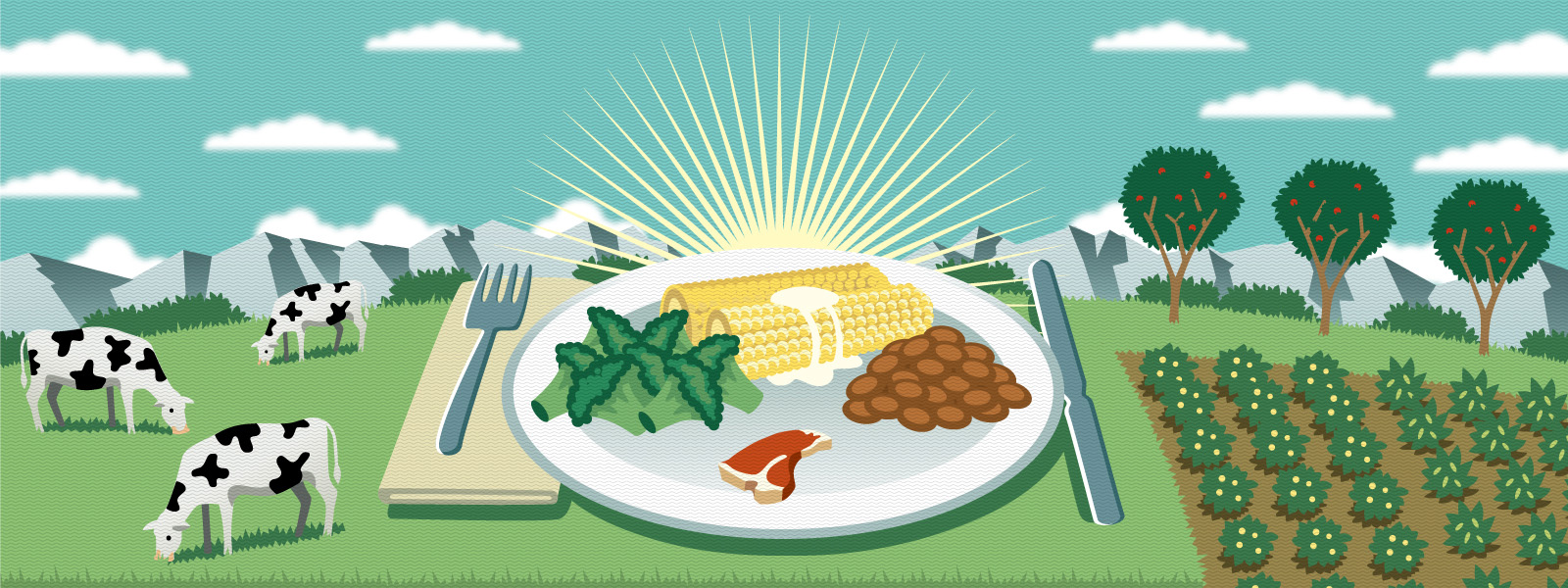 Conceptual illustration shows sunrise on an agricultural landscape with crops and grazing cattle. In the center of the image is a dinner plate with large servings of greens, corn, beans and a small se