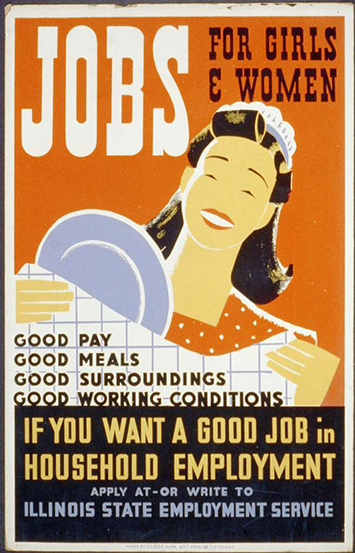 Ad shows a late 1930s poster recruiting women and girls for jobs in “household employment.”